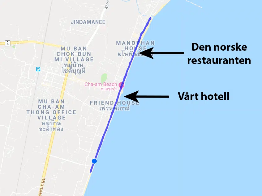 Kart over løpetur langs strandpromenaden i Cha-am